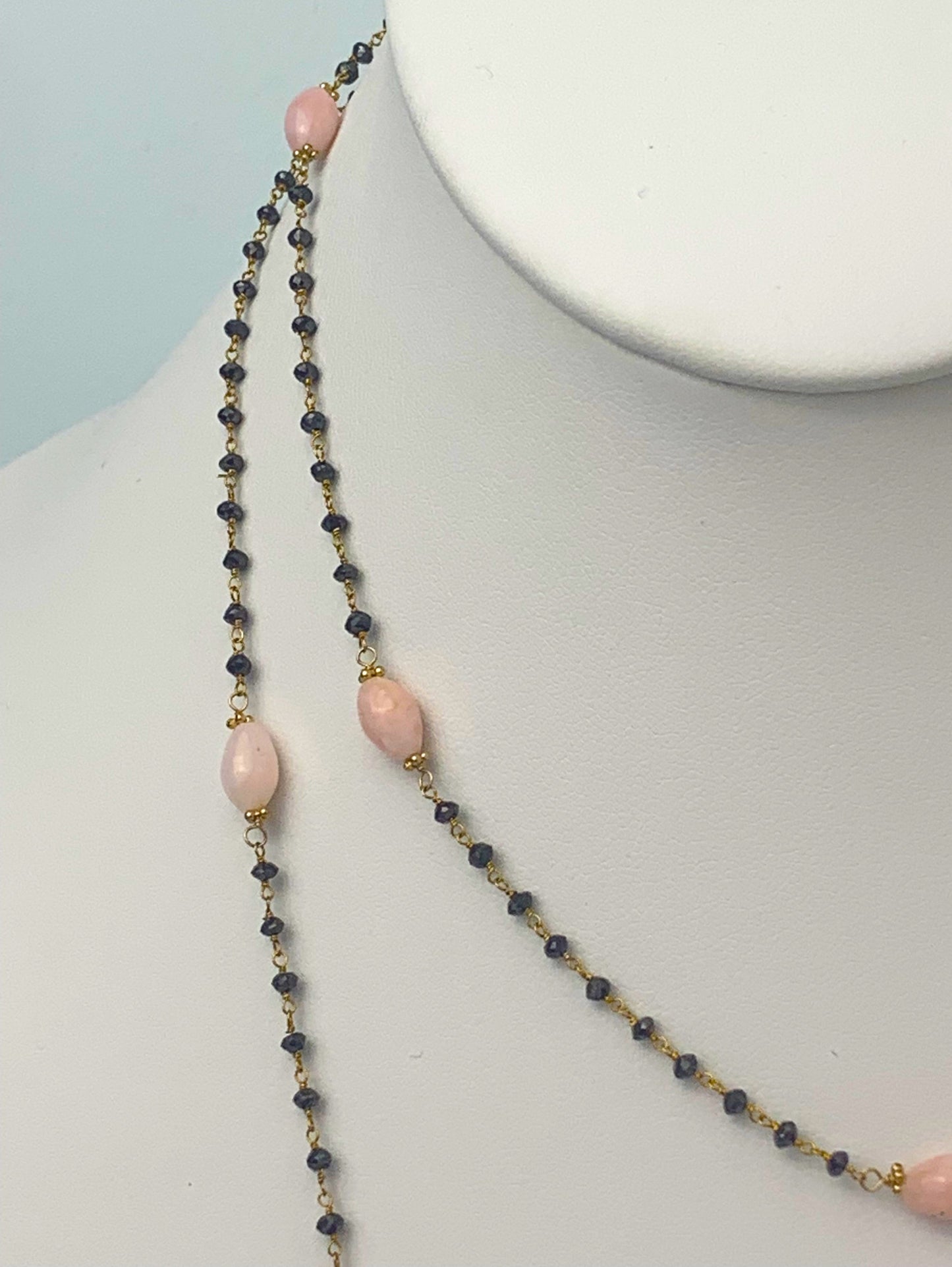 41" Pink Opal and Black Diamond 14 Station Rosary Necklace in 14KY - NCK-068-ROSDIAGM14Y-BLKPKO-41 14.20ctw