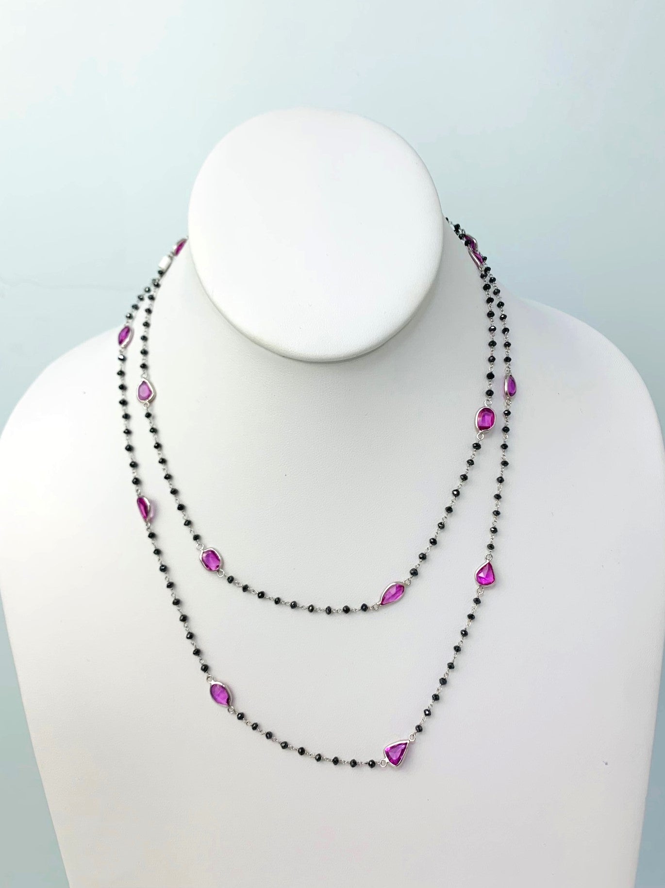 36" Pink Sapphire and Black Diamond Rosary Necklace in 14KW - NCK-074-ROSDIAGM14W-BLKPKS- 36