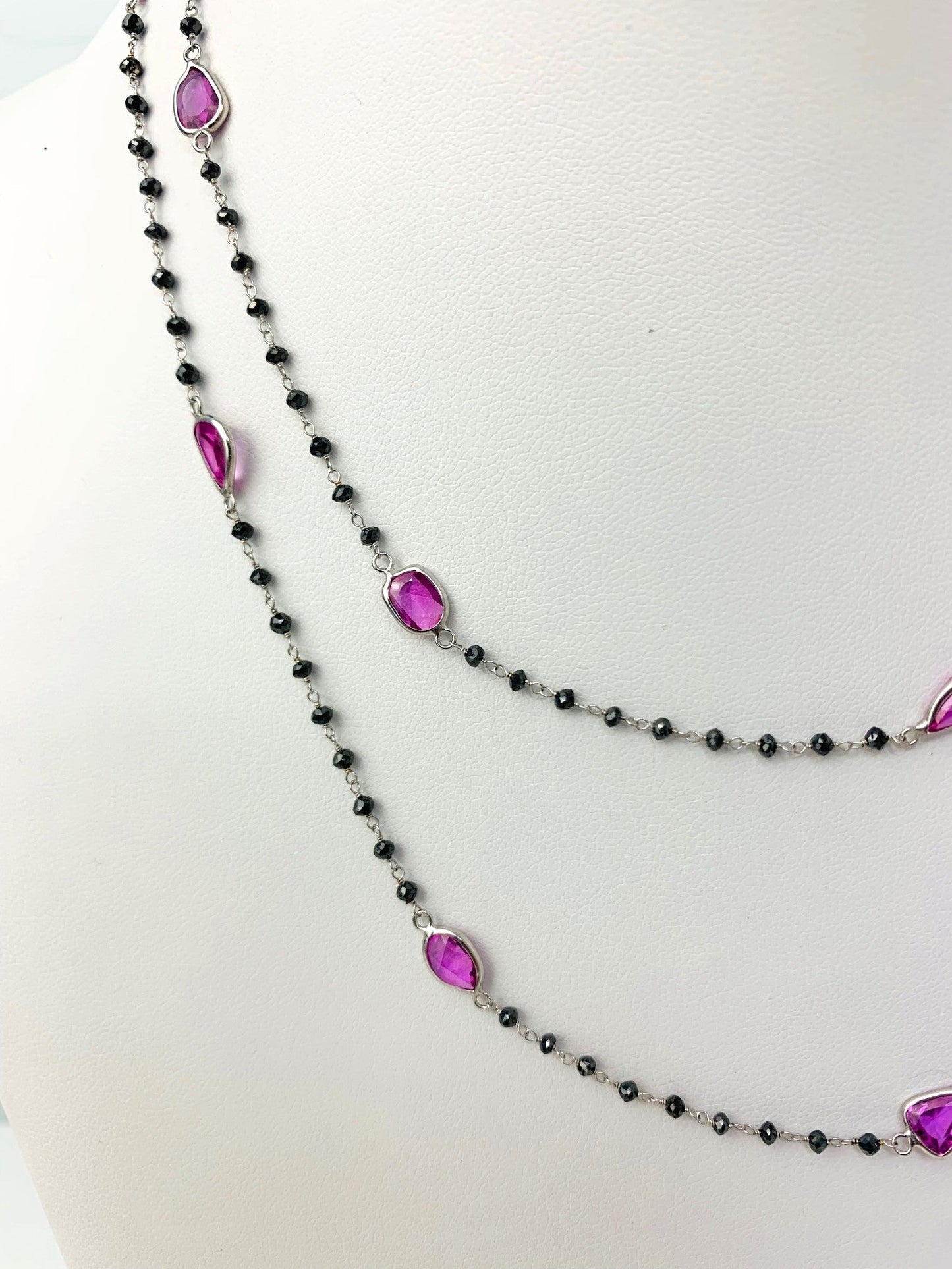 36" Pink Sapphire and Black Diamond Rosary Necklace in 14KW - NCK-074-ROSDIAGM14W-BLKPKS- 36