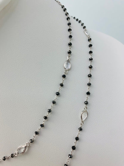 35" Black Diamond Rondelle Rosary Necklace with Pear White Sapphire Bezel  Set Rose-Cuts in 14KW - NCK-078-ROSDIAGM14W-BLKWS- 35 10.10ctw