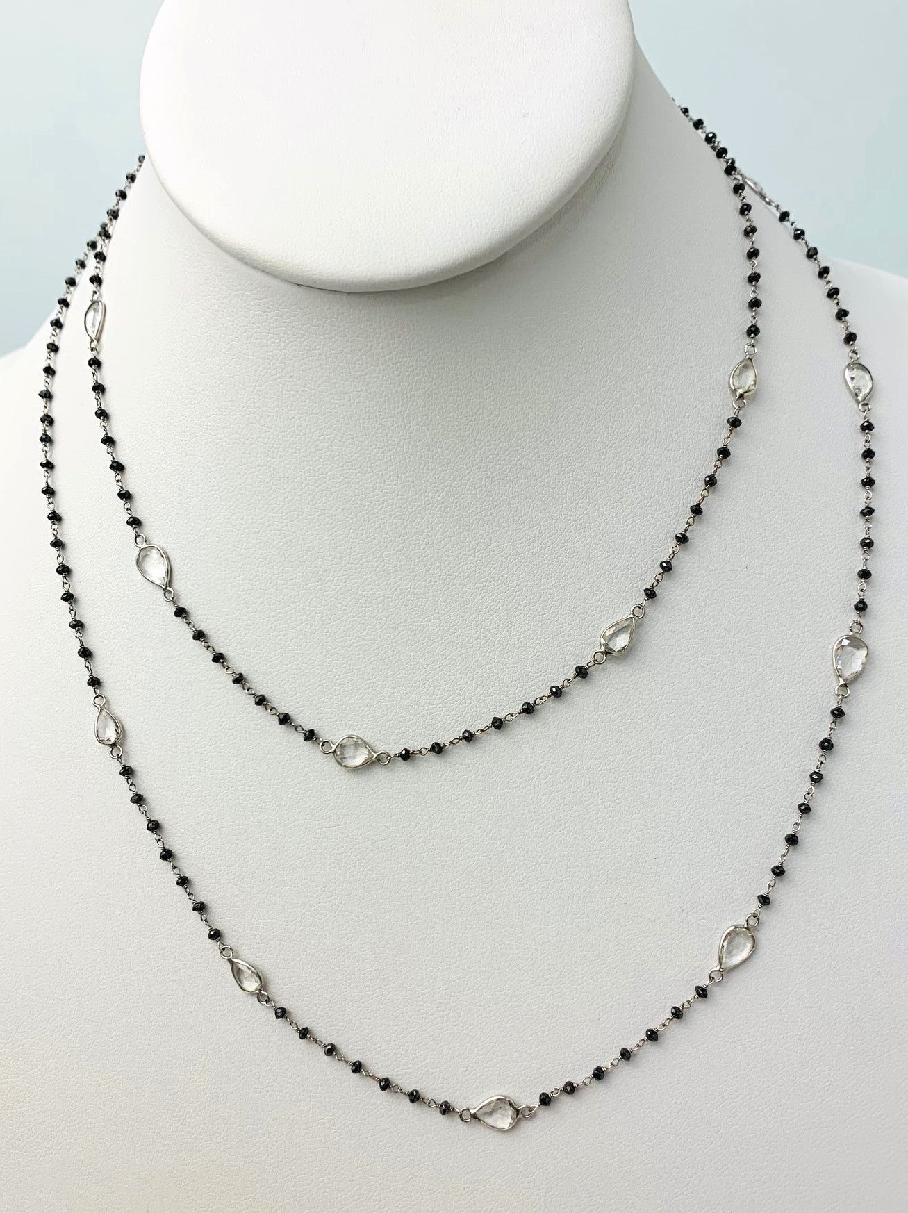 36" Black Diamond Rondelle Rosary Necklace with Pear Shaped White Sapphire Bezel-Set  Rose-Cuts in 14KW - NCK-079-ROSDIAGM14W-BLKWS- 36 10.92ctw