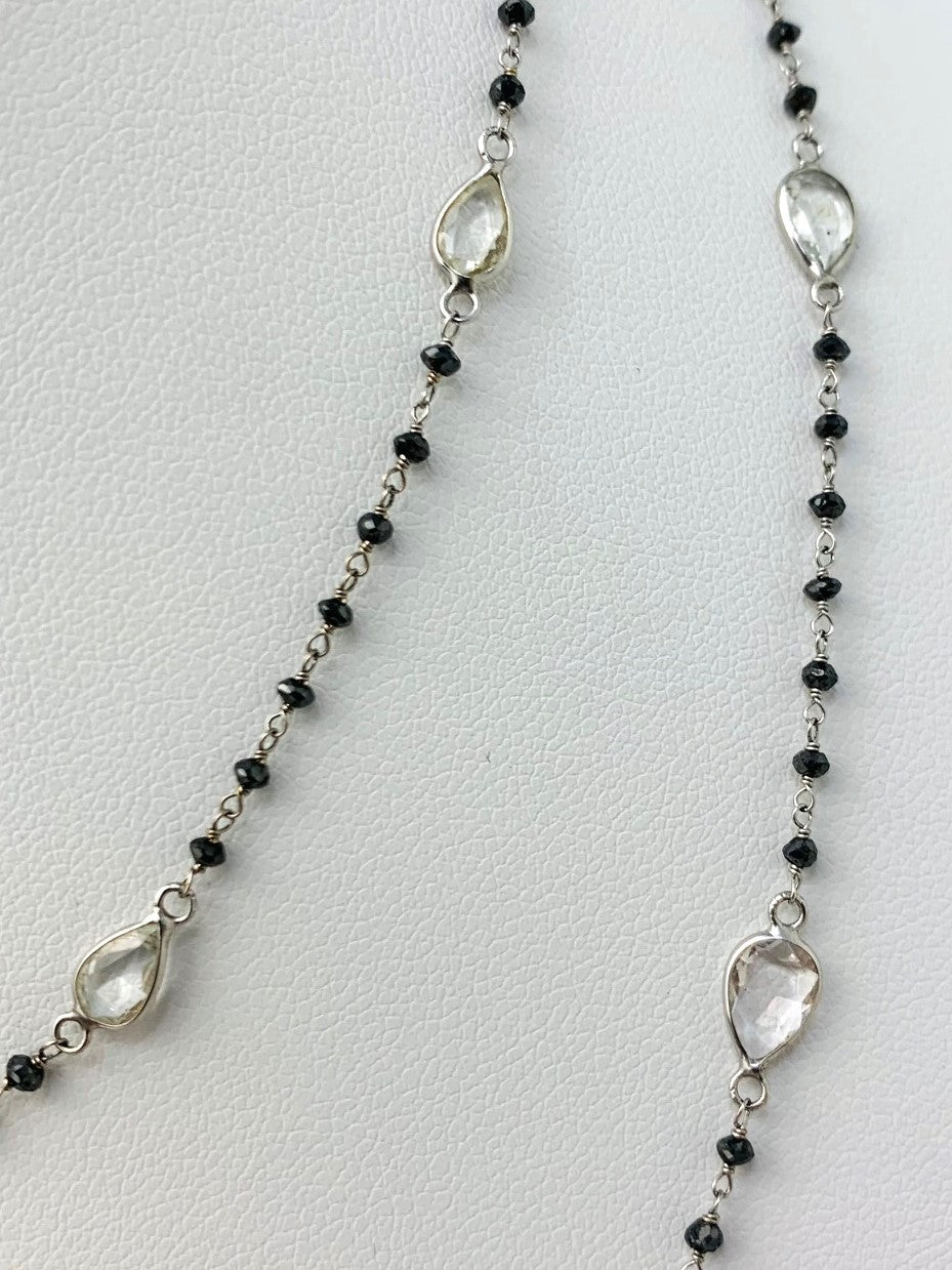 36" Black Diamond Rondelle Rosary Necklace with Pear Shaped White Sapphire Bezel-Set  Rose-Cuts in 14KW - NCK-079-ROSDIAGM14W-BLKWS- 36 10.92ctw