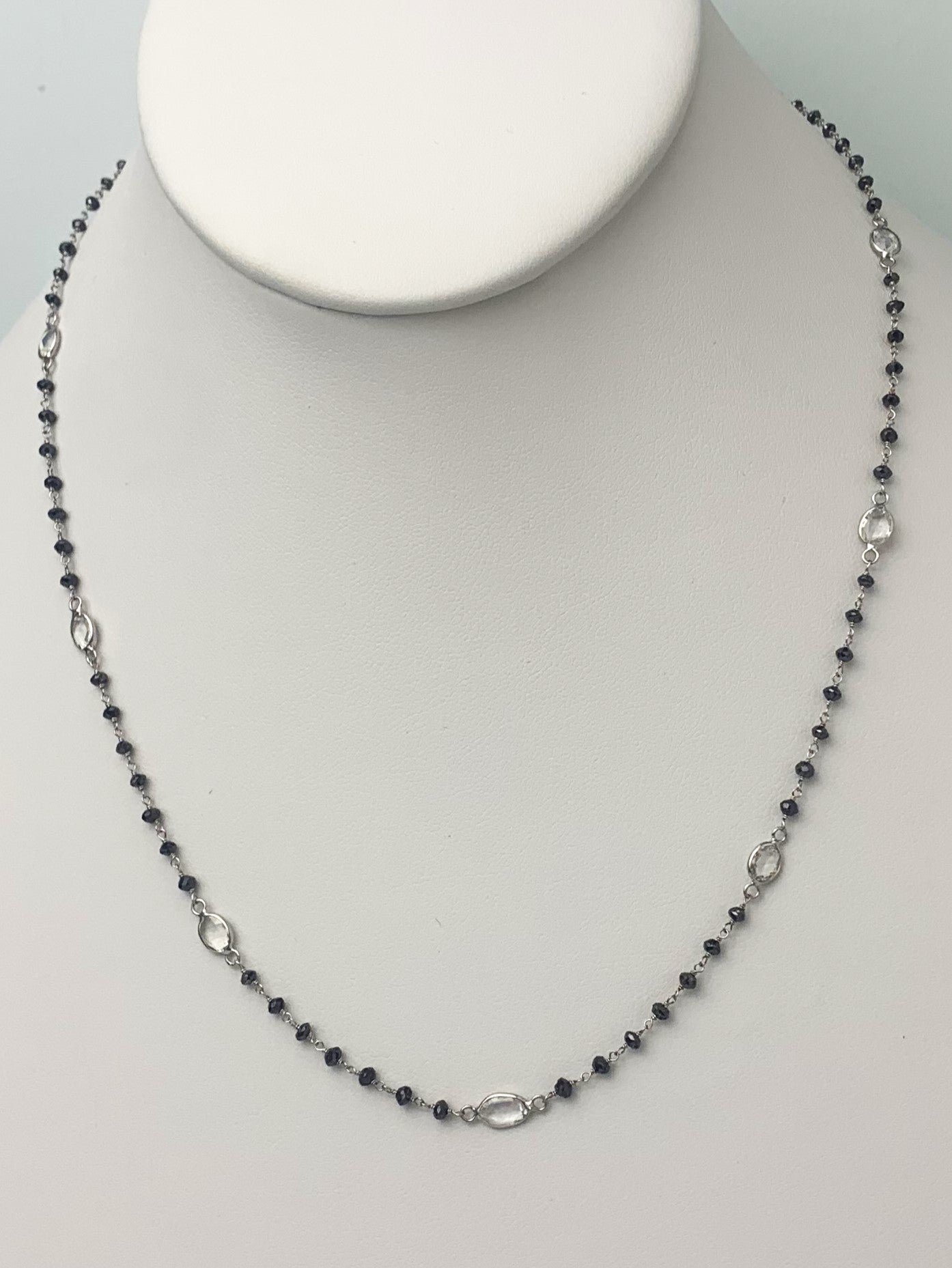 17" - 18" Black Diamond Rosary Necklaces with White Sapphire Rose Cut Stations in 14KW -3-5ctwNCK-080-085-ROSDIAGM14W-BLKWS