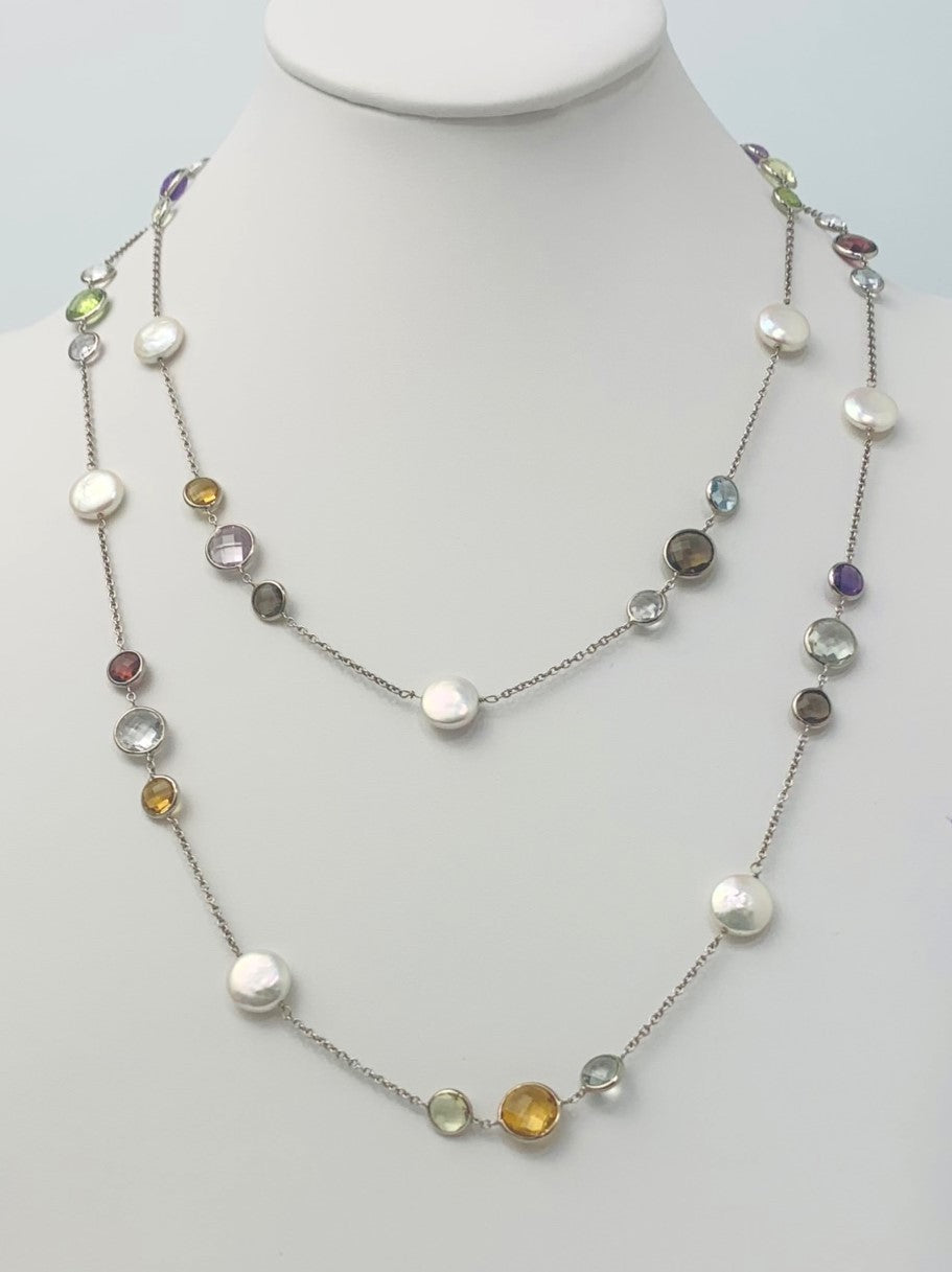 42" Multicolored Gem and Coin Pearl Station Necklace in 14KW - NCK-109-TNCPRLGM14W-WHMLTI-44