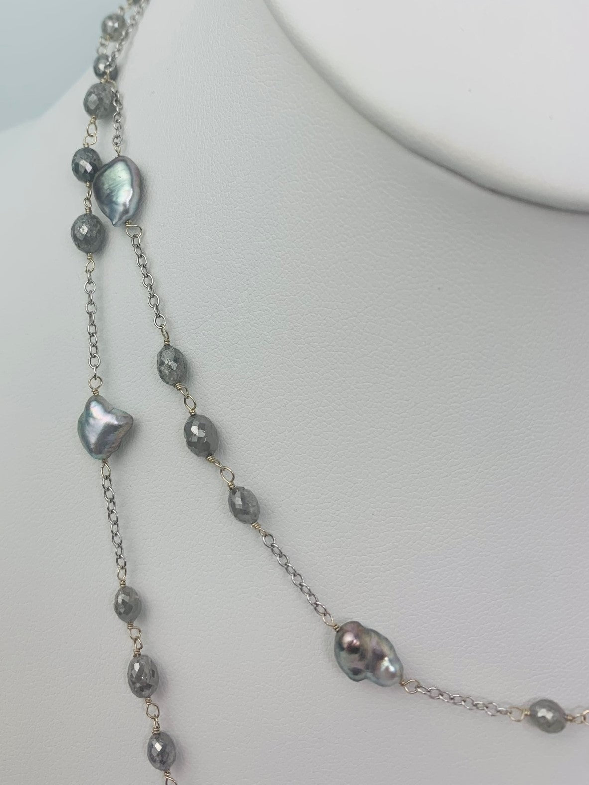 36" Grey Diamond and Keshi Pearl Station Necklace in 14KW - NCK-113-TNCPRLDIA14W-GRY-36-02828 25ctw