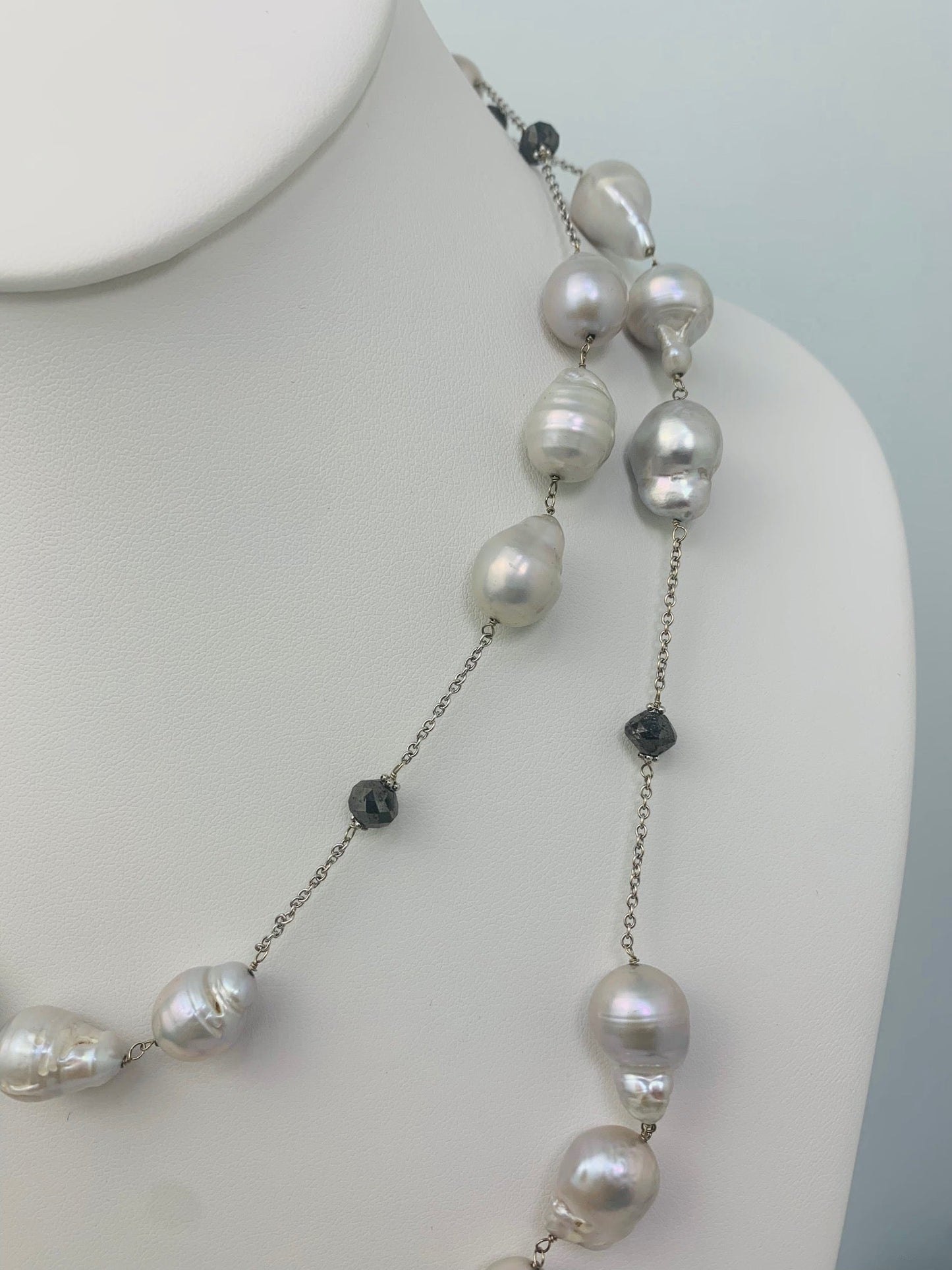 41" Grey Baroque Pearl Station Necklace in 14KW - NCK-115-TNCPRLDIA14W-GRYBLK-40 18ctw