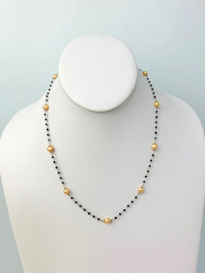 18" Gold Pearl and Black Diamond Rosary Necklace in 14KW -  NCK-117-ROSPRLDIA14W-YLBLK-18 5ctw