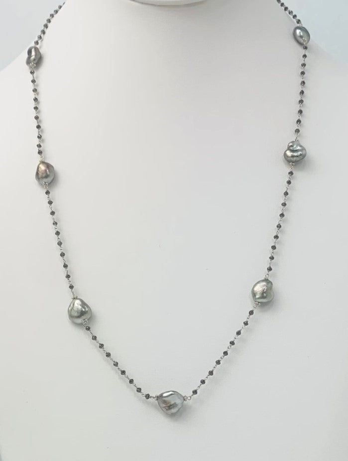 30" - 42" Grey Keshi Pearl and Black Diamond Rosary Necklaces in 14KW - NCK-119 - NCK-125