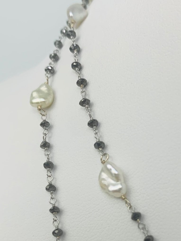38" White Keshi and Black Diamond Rosary in 14KW - NCK-130-ROSPRLDIA14W-WHBLK-38 10.10ctw