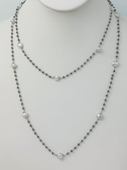40" White Keshi and Black Diamond Rosary in 14W - NCK-131-ROSPRLDIA14W-WHBLK-40 14ctw