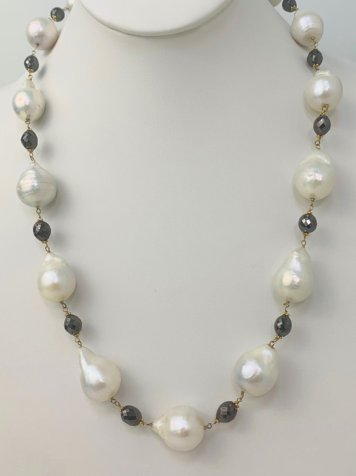 19" Freshwater Baroque Pearl and Black Diamond Oval Bead Rosary Necklace in 14KY - NCK-139-ROSPRLDIA14Y-WHBLK-19-00723 53ctw