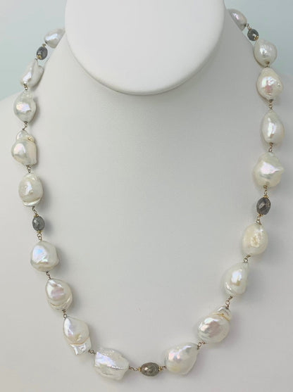 20" Freshwater Baroque Pearl Rosary Necklace with Brown Diamond Bead Accents in 14KY - NCK-142-ROSPRLDIA14Y-WHBRN-20 12.5ctw