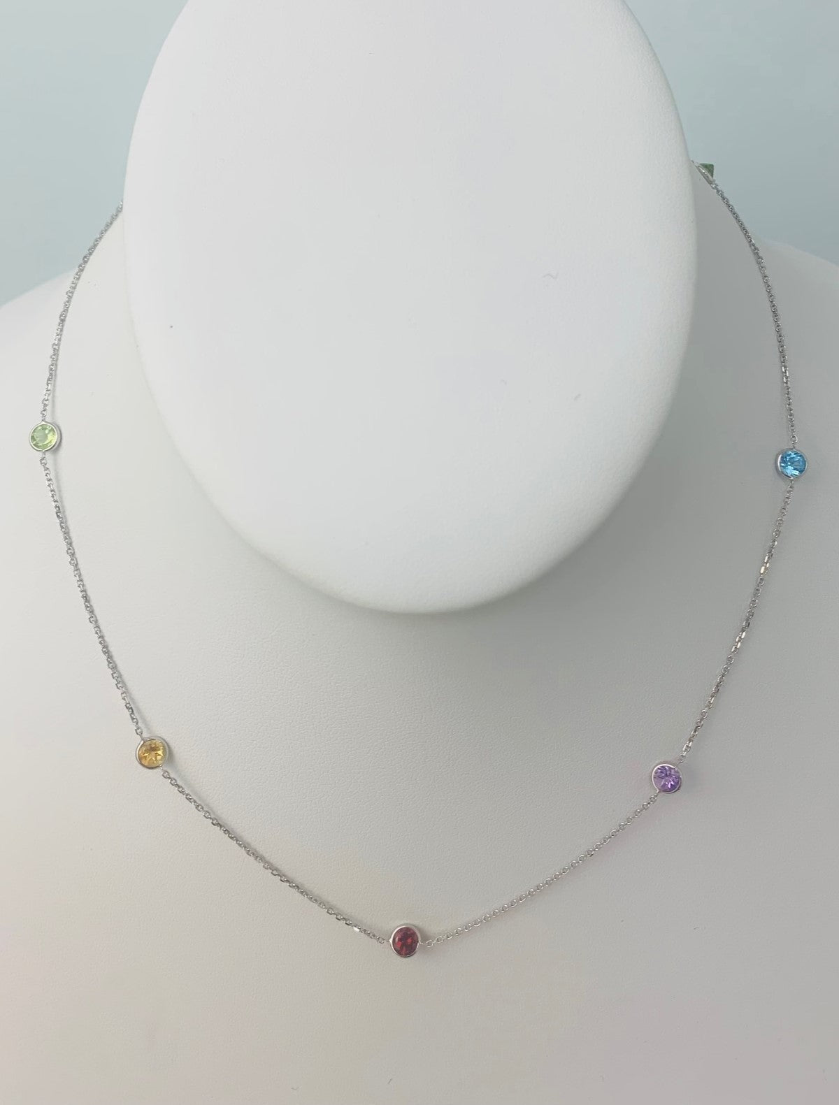 16" 4mm 7 Station Round Multicolored Bezel Necklace in 14KW - NCK-167-BZGM14W-MLTI-16-4