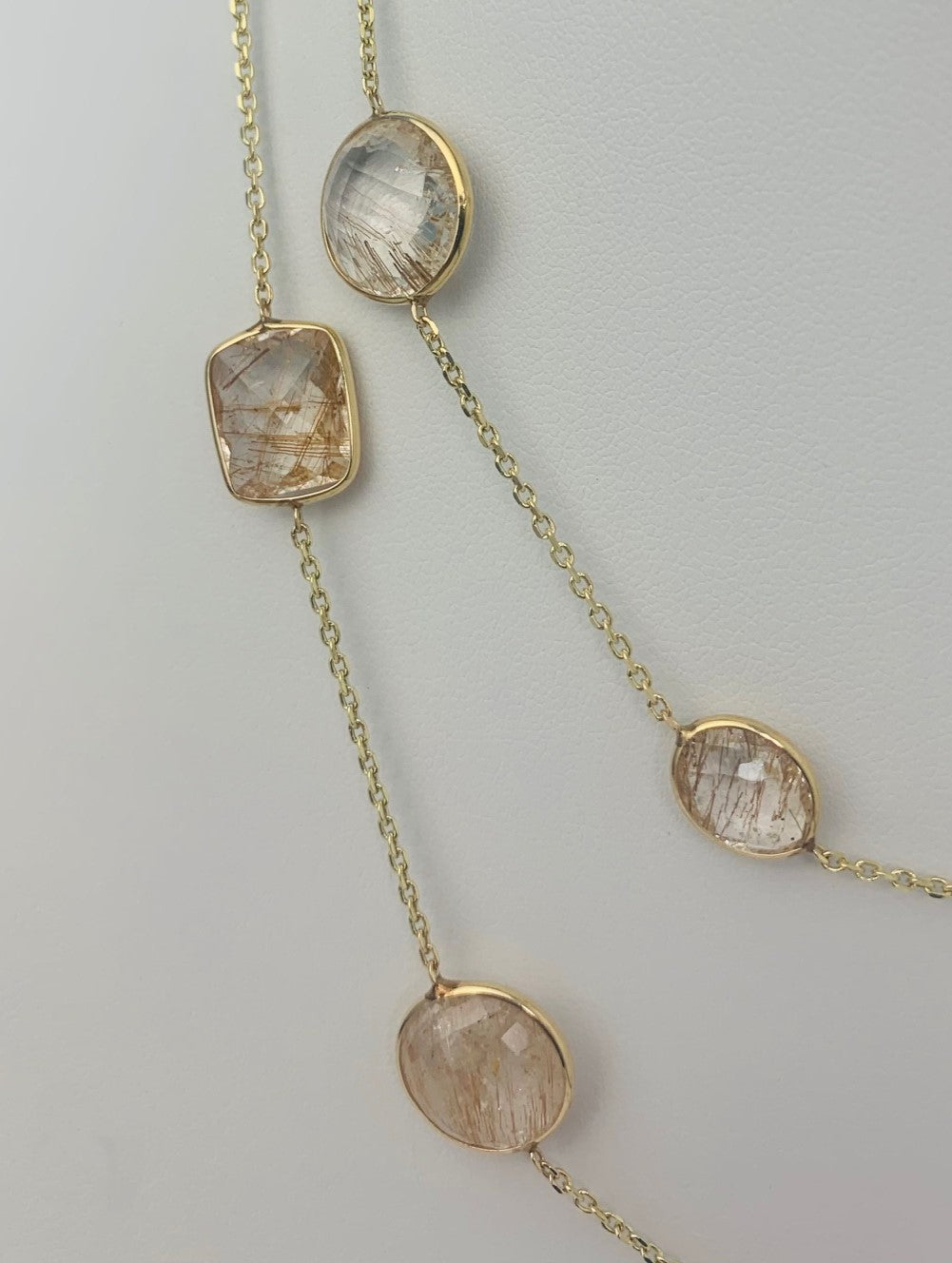 36" 20 Station Rutilated Quartz Round, Oval and Rectangular Checkerboard Bezel Necklace in 14KY - NCK-178-BZGM14Y-RUT-36