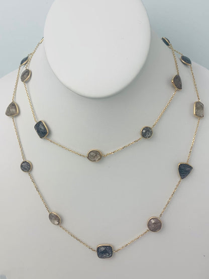 36" 20 Station Rutilated and Tourmalinated Quartz Round, Pear, Trilliant, Oval and Rectangular Checkerboard Bezel Necklace in 14KY - NCK-179-BZGM14Y-RUTTMQZ-36