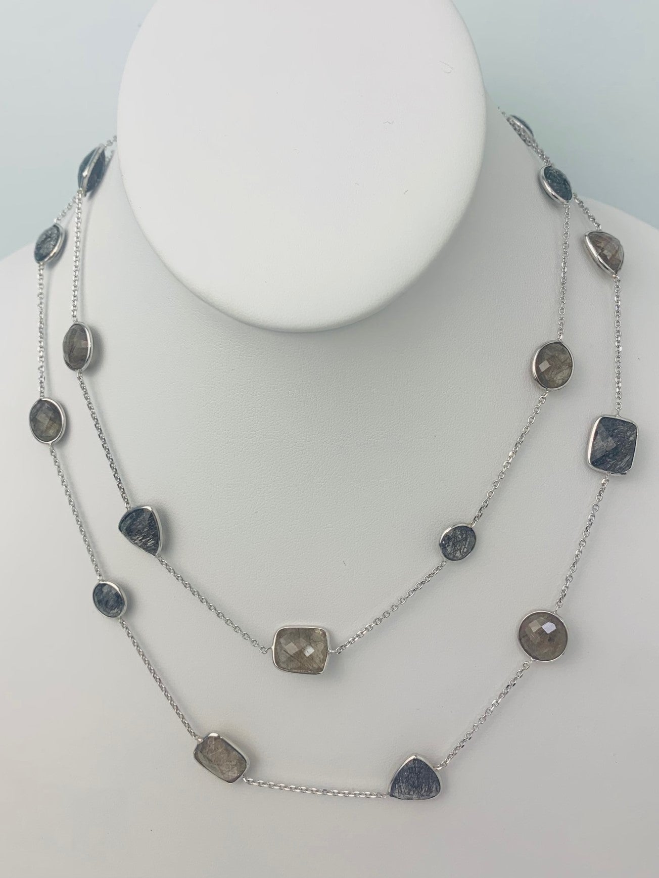 36" 20 Station Rutilated and Tourmalinated Quartz Round, Pear, Trilliant, Oval and Rectangular Checkerboard Bezel Necklace in 14KW - NCK-179-BZGM14W-RUTTMQZ-36