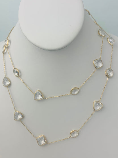 36" 20 Station Crystal Quartz Round, Pear, Trilliant, Oval and Square Checkerboard Bezel Necklace in 14KY - NCK-183-BZGM14Y-CRY-36