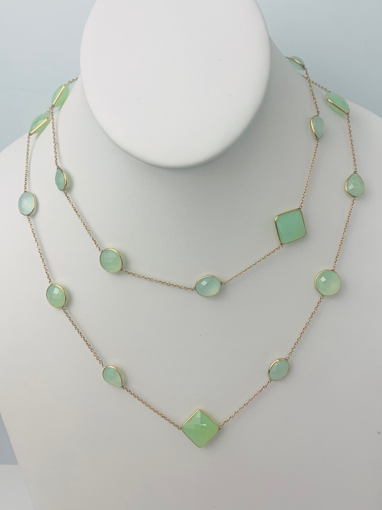 36" 20 Station Chalcedony Round, Pear, Trilliant, Square Cushion and Oval Checkerboard Bezel Necklace in 14KY - NCK-187-BZGM14Y-CHAL-36