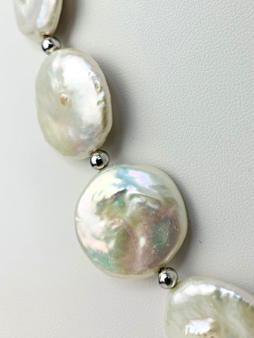 19"-21" Large Freshwater Coin Pearl Necklace With Silver Beads And Clasp in SS - NCK-206-CRDPRLSS-WH-20