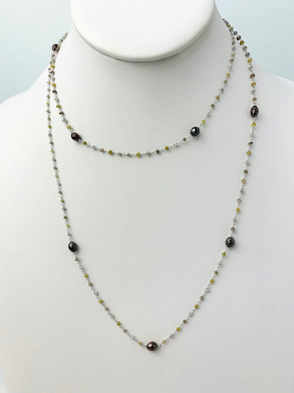 34" Grey And Yellow Diamond Rosary Necklace With Reddish Brown Briolette Accents in 14KW - NCK-265-ROSDIA14W-BRNYLGRY-34 13.20ctw