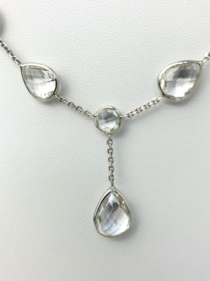 18" Crystal Quartz Round And Pear Briolette Lariat Bezel Necklace With Pear Drop in 14KW - NCK-324-BZGM14W-CRY-18