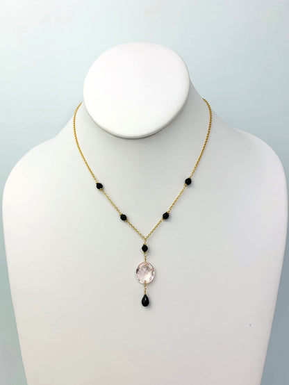 15-16" Rose Quartz And Onyx Station Necklace With Oval Checkerboard And Briolette Lariat Drop in 14KY - NCK-356-TNCDRPGM14Y-RQOX-16