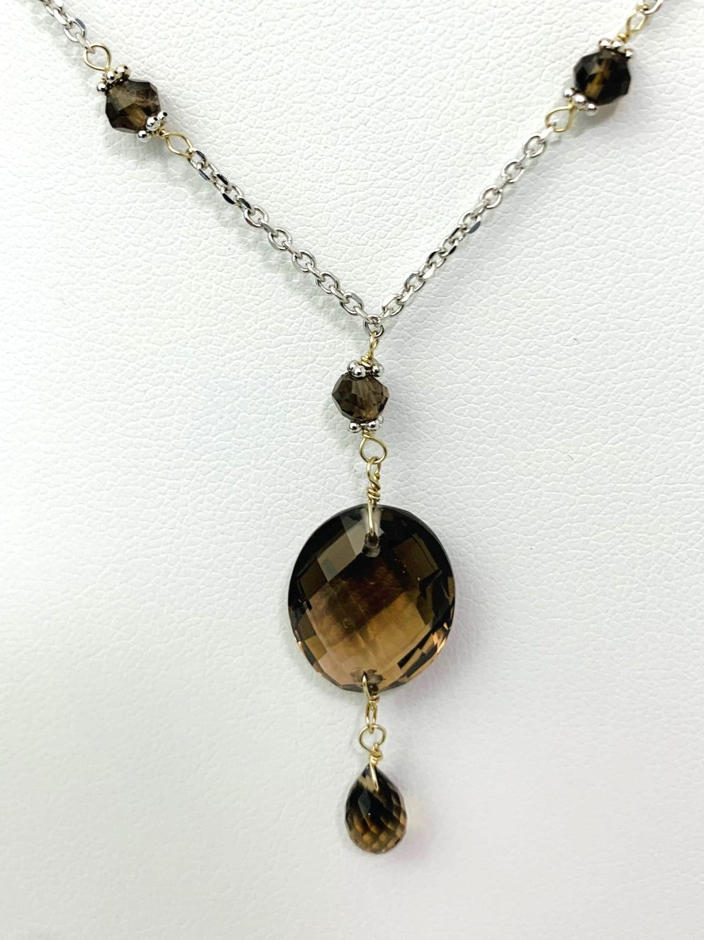 15-16" Smokey Quartz Station Necklace With Oval Checkerboard And Briolette Lariat Drop in 14KW - NCK-358-TNCDRPGM14W-SQ-16