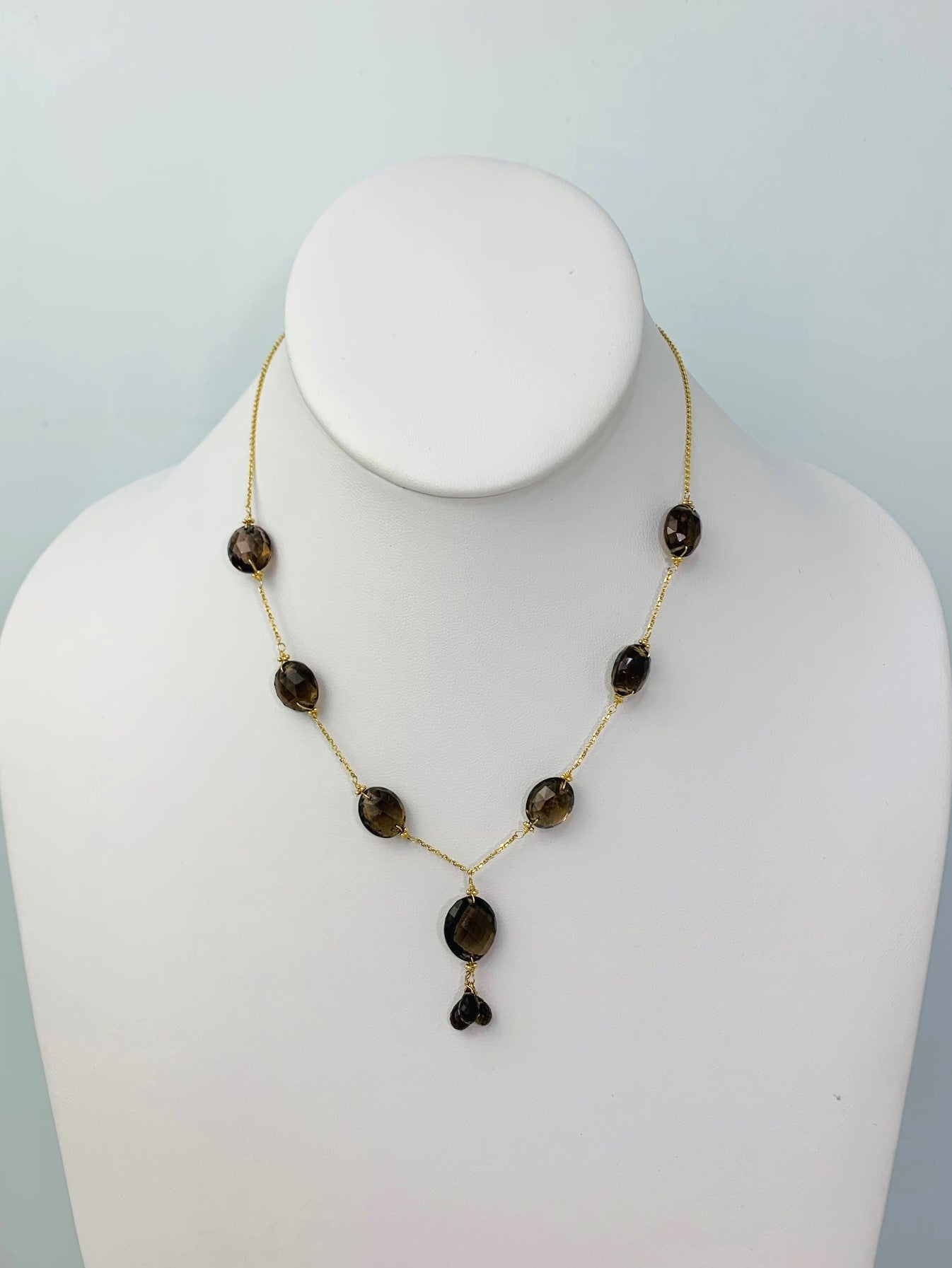 15-16" Smokey Quartz Station Necklace With Oval Checkerboard And 3 Briolette Tassel Drop in 14KY - NCK-369-TASTNCGM14Y-SQ-16