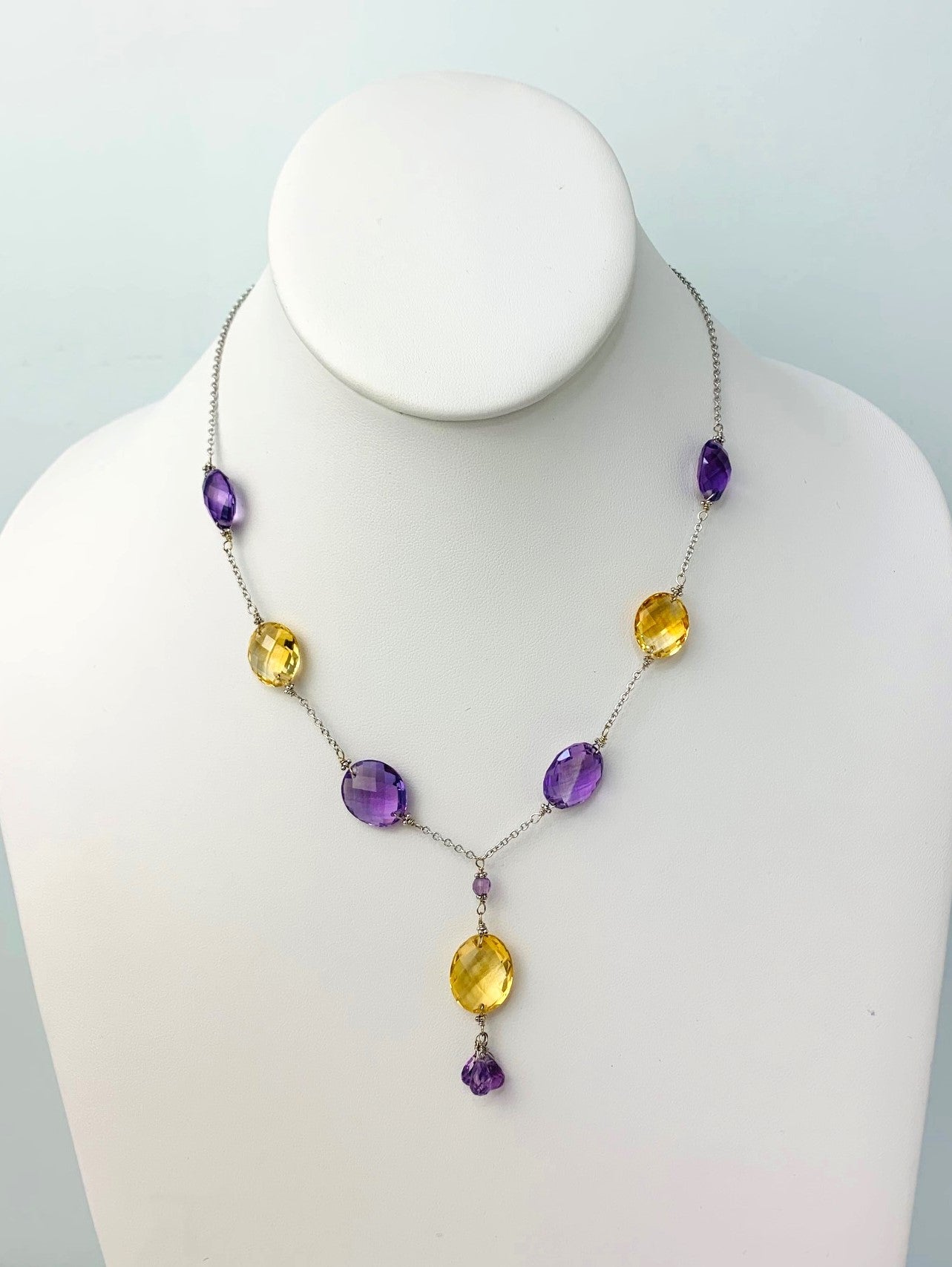 16-17" Amethyst And Citrine Station Necklace With Oval Checkerboard And 3 Briolette Tassel Drop in 14KW - NCK-372-TASTNCGM14W-CITAMY-17