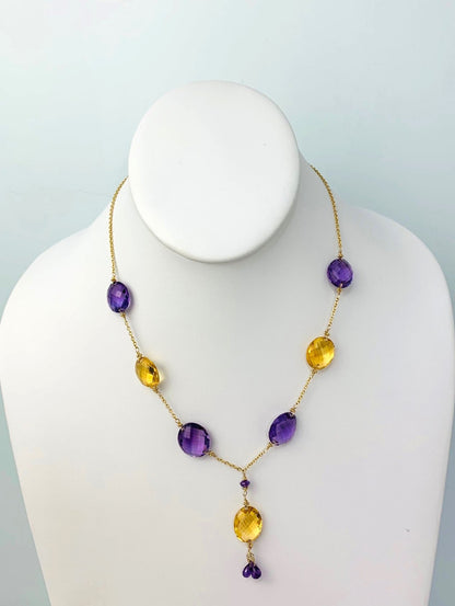 16-17" Amethyst And Citrine Station Necklace With Oval Checkerboard And 3 Briolette Tassel Drop in 14KY - NCK-373-TASTNCGM14Y-CITAMY-17