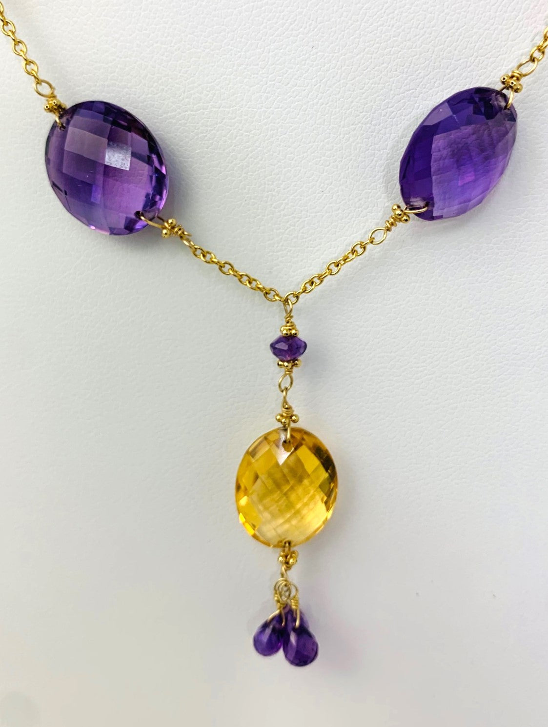 16-17" Amethyst And Citrine Station Necklace With Oval Checkerboard And 3 Briolette Tassel Drop in 14KY - NCK-373-TASTNCGM14Y-CITAMY-17