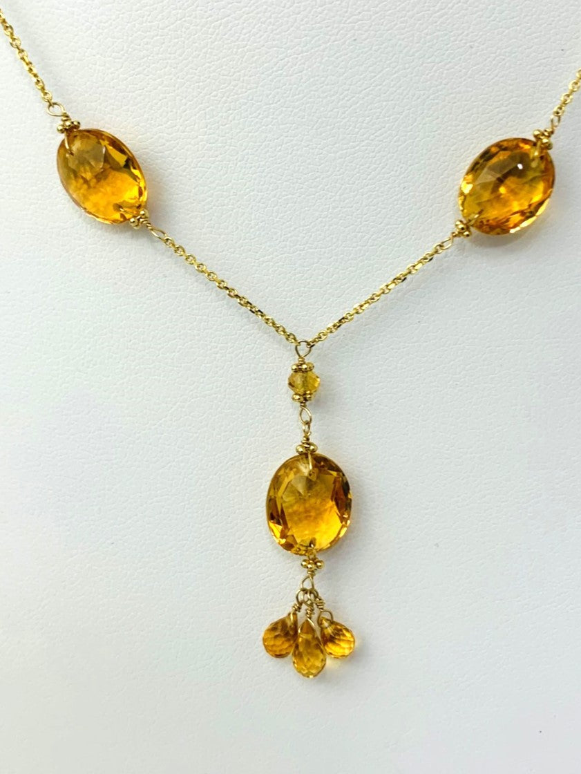 16-18" Citrine Station Necklace With Oval Checkerboard And 3 Briolette Tassel Drop in 14KY - NCK-374-TASTNCGM14Y-CIT-16-LG