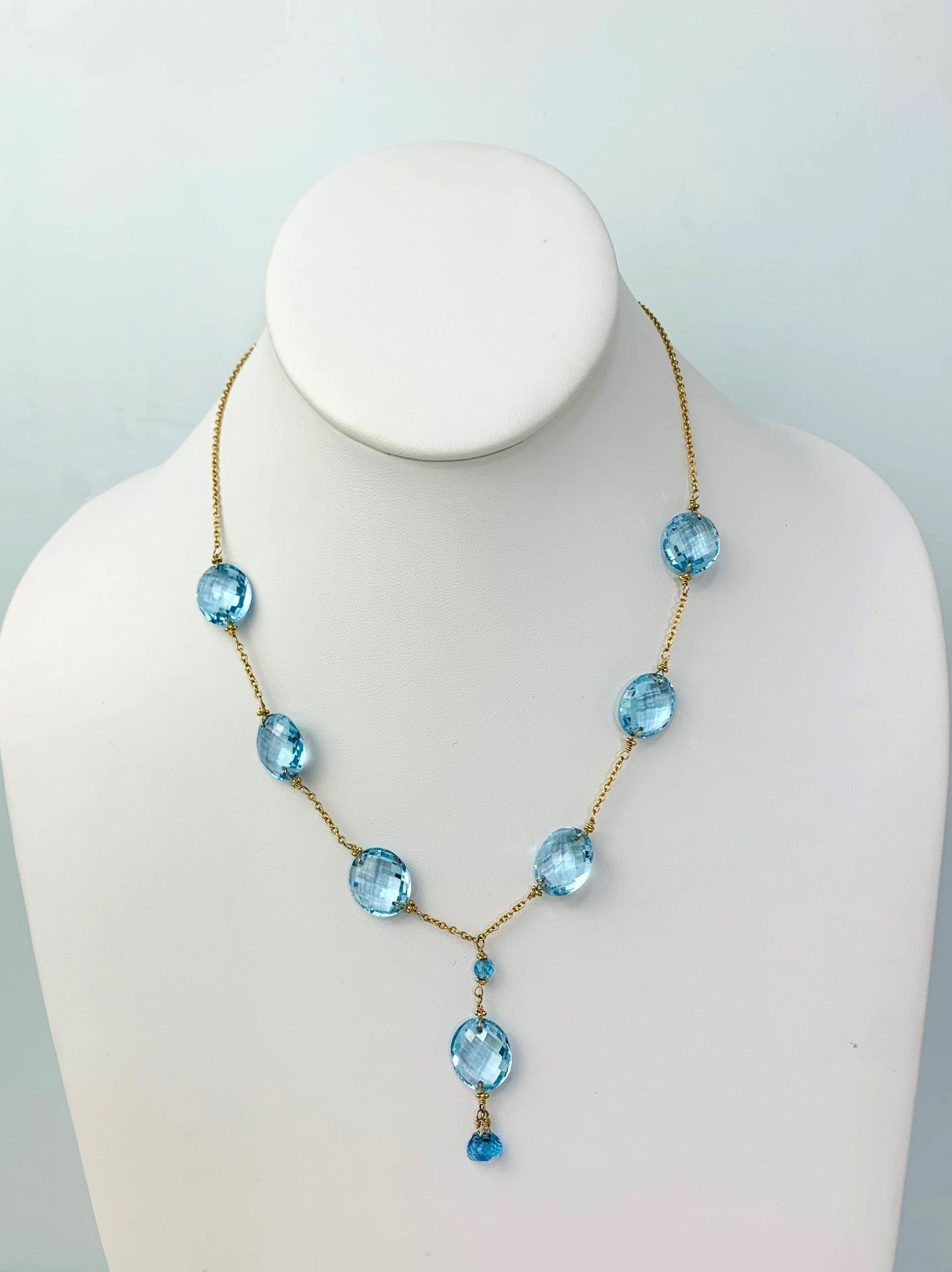 16-17" Blue Topaz Station Necklace With Oval Checkerboard And 3 Briolette Tassel Drop in 14KY - NCK-376-TASTNCGM14Y-BT-17