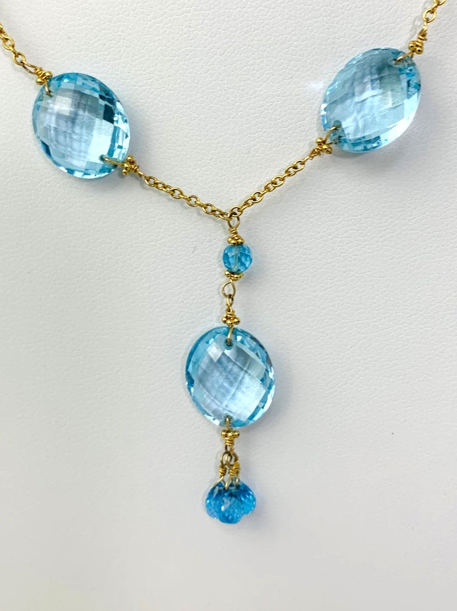 16-17" Blue Topaz Station Necklace With Oval Checkerboard And 3 Briolette Tassel Drop in 14KY - NCK-376-TASTNCGM14Y-BT-17