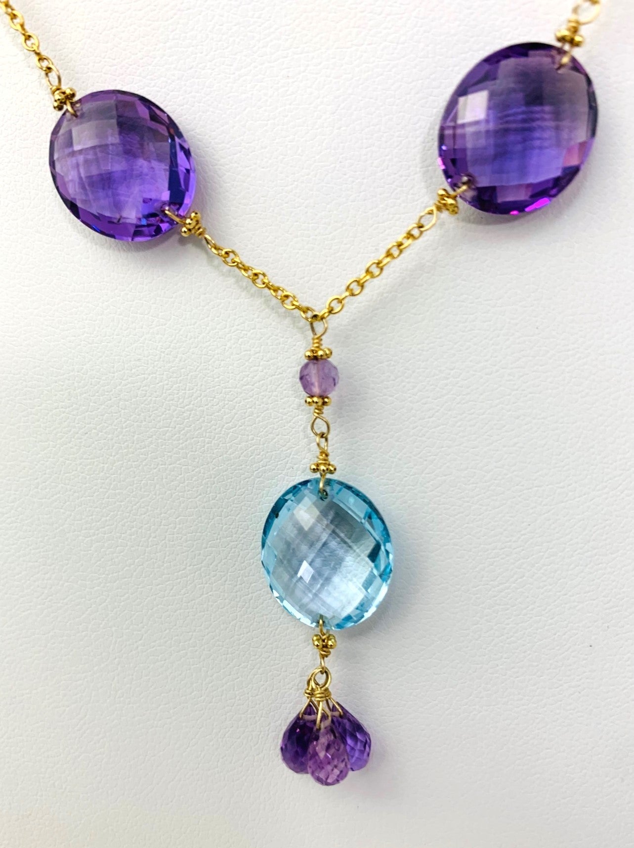 17-18" Blue Topaz And Amethyst Station Necklace With Oval Checkerboard And 3 Briolette Tassel Drop in 14KY - NCK-377-TASTNCGM14Y-BTAMY-18