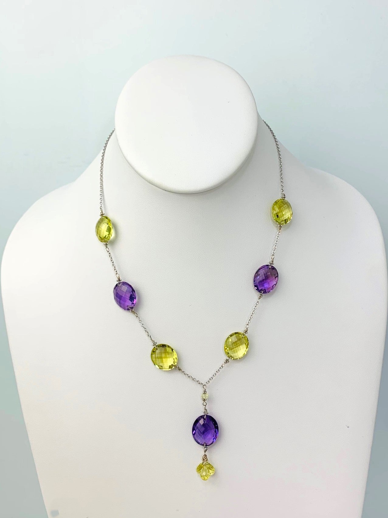 17-18" Lemon Quartz And Amethyst Station Necklace With Oval Checkerboard And 3 Briolette Tassel Drop in 14KW - NCK-378-TASTNCGM14W-LQAMY-18
