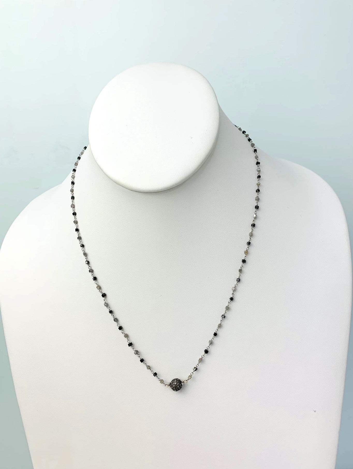 18" Pave Ball Center Black And Grey Cube Diamond Rosary Necklace in 14KW, SS - NCK-384-DCOROSDIA14WSS-BLKGRY-18 9.5ctw