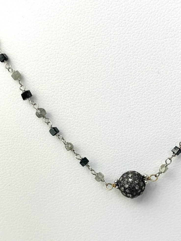 18" Pave Ball Center Black And Grey Cube Diamond Rosary Necklace in 14KW, SS - NCK-384-DCOROSDIA14WSS-BLKGRY-18 9.5ctw