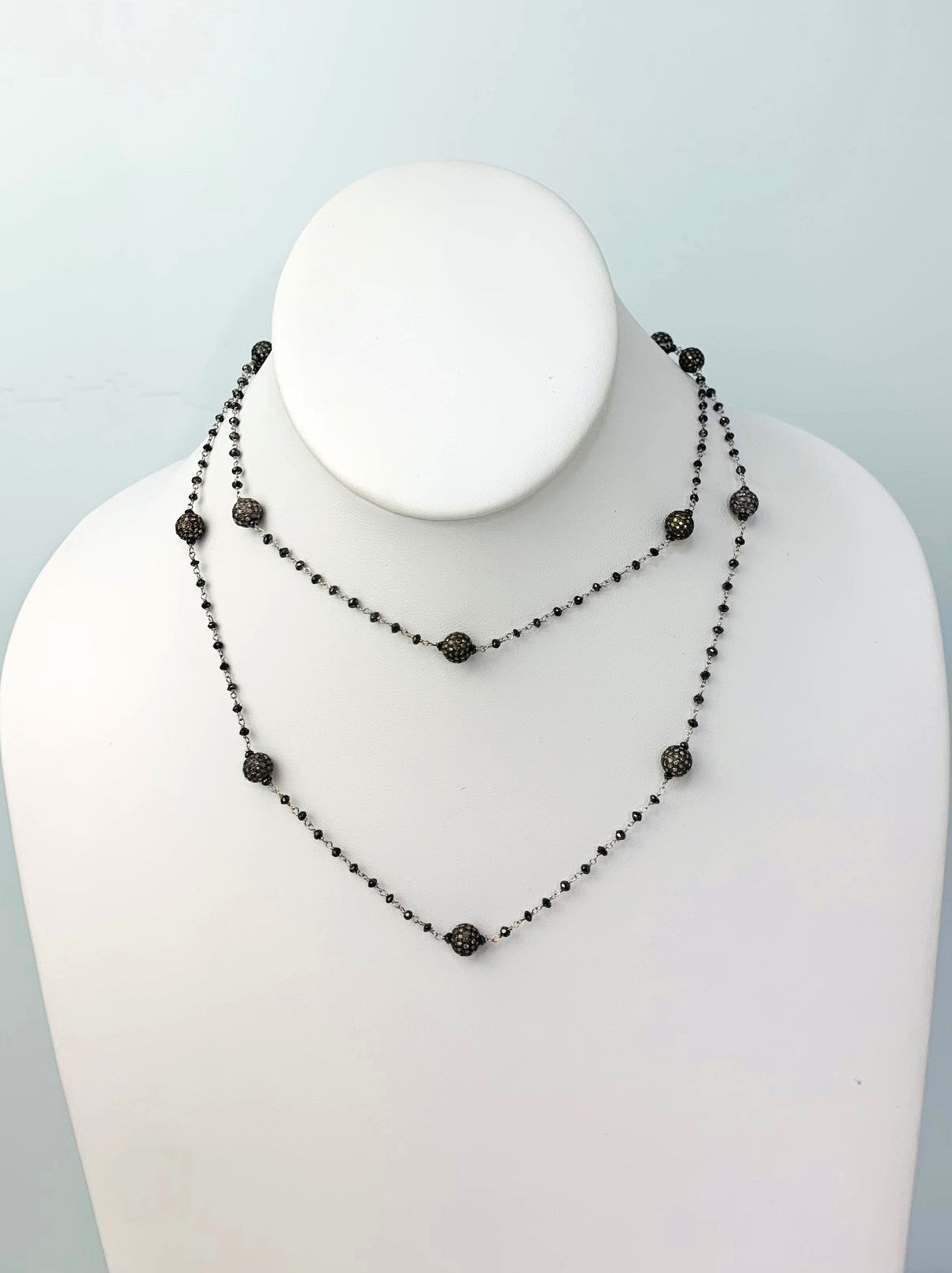 31" Black Diamond Rosary Necklace With Blackened Sterling Silver Pave Diamond Beads in 14KW, SS - NCK-386-DCOROSDIA14WSS-BLKGRY-31 20.25ctw