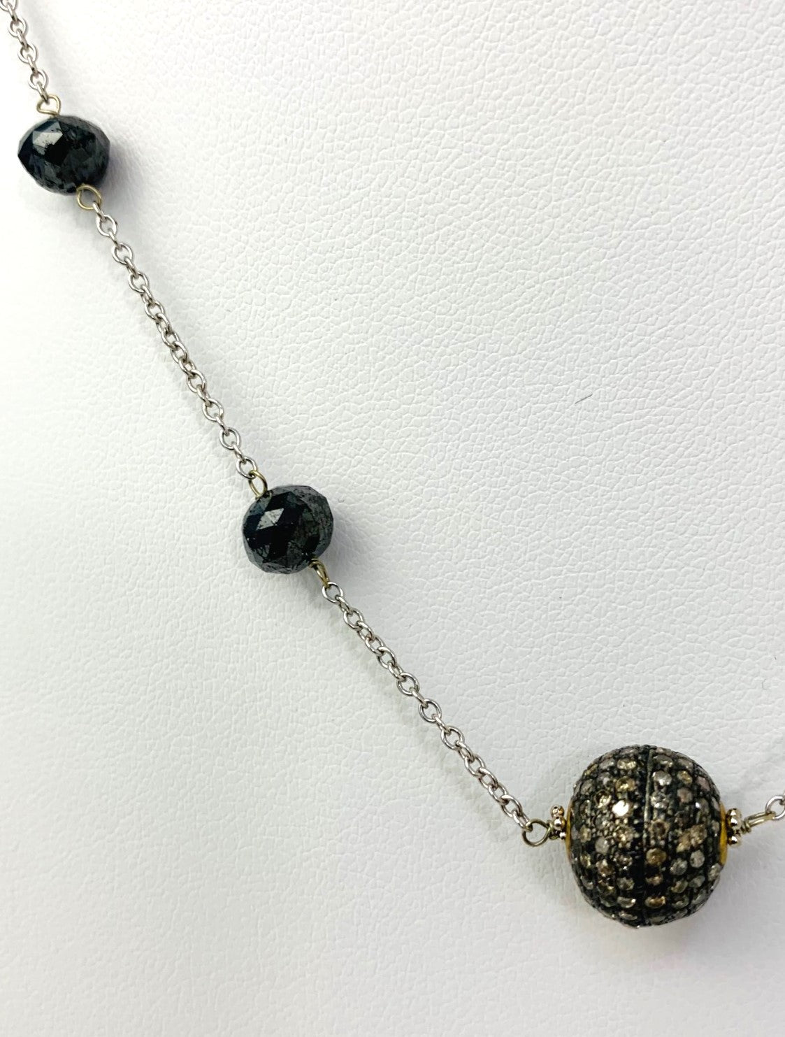 17.5" Black Diamond Station Necklace With Large Blackened Silver Round Pave Diamond Bead in 14KW, SS - NCK-388-DCOTNCDIA14WSS-BLK-17 15.50ctw