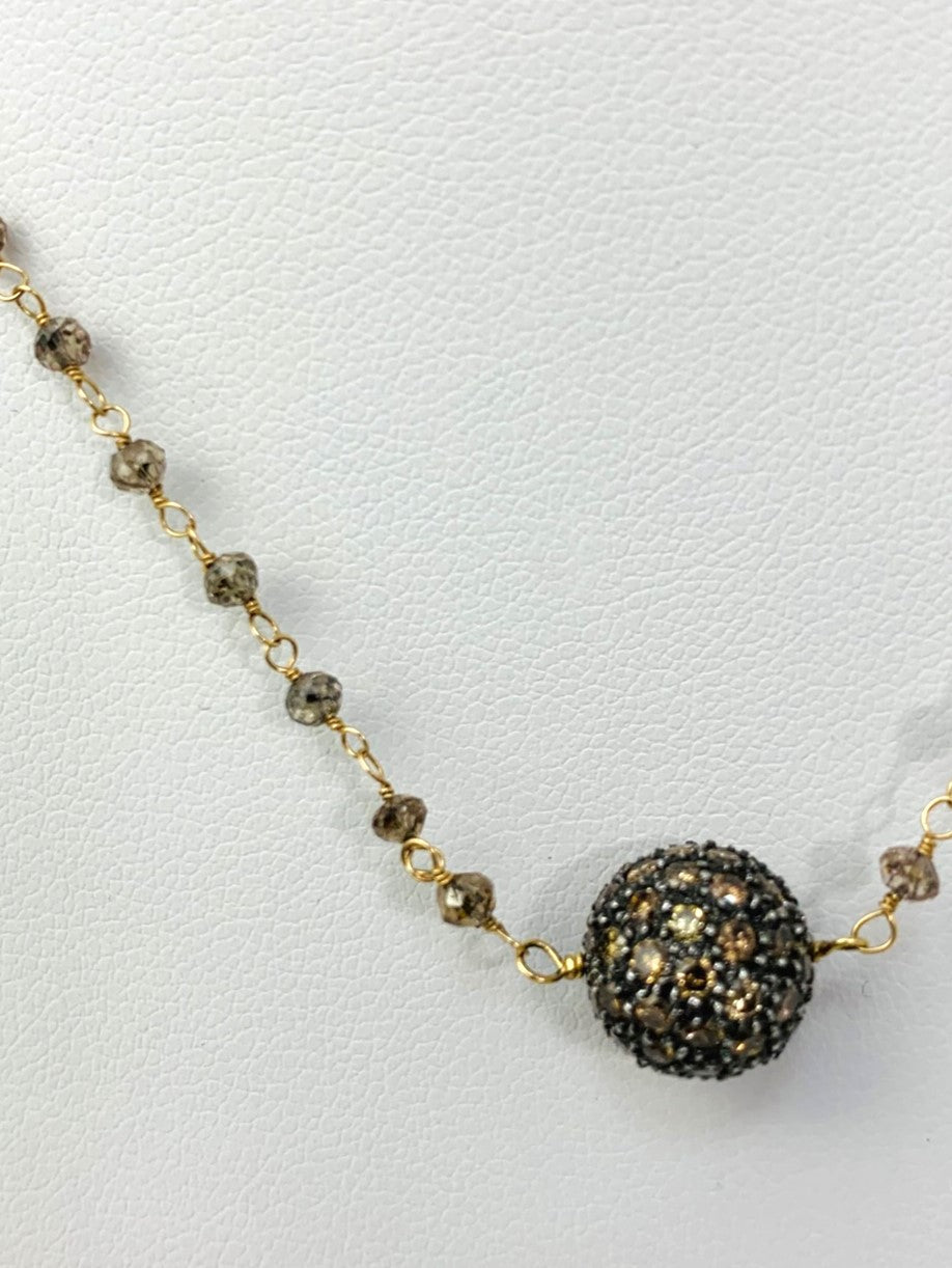 16" Brown Diamond Rosary Necklace With Blackened Silver Pave Diamond Ball Center in 14KY, SS - NCK-389-DCOROSDIA14YSS-BRN-16 7ctw