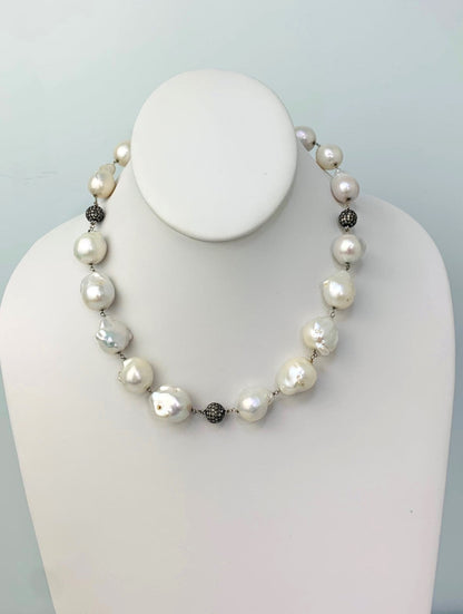 17" Freshwater Baroque Pearl And Blackened Silver Pave Diamond Bead Rosary Necklace in 14KW, SS - NCK-390-DCOROSDIAPRL14WSS-WH-17 3.24ctw