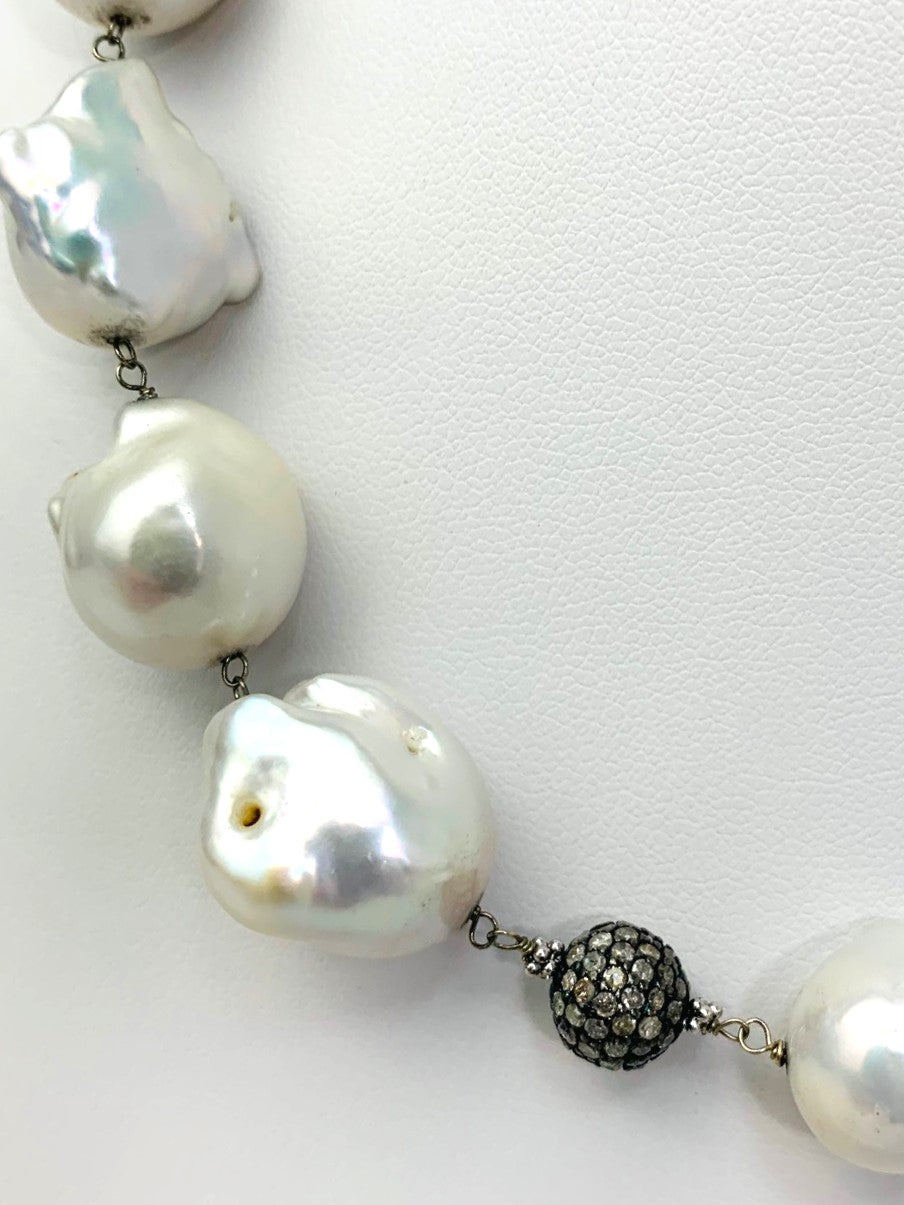 17.5" Freshwater Baroque Pearl And Blackened Silver Pave Bead Rosary Necklace in 14KW, SS - NCK-390-DCOROSDIAPRL14WSS-WH-17 3.24ctw