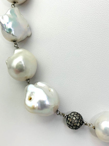 17" Freshwater Baroque Pearl And Blackened Silver Pave Diamond Bead Rosary Necklace in 14KW, SS - NCK-390-DCOROSDIAPRL14WSS-WH-17 3.24ctw