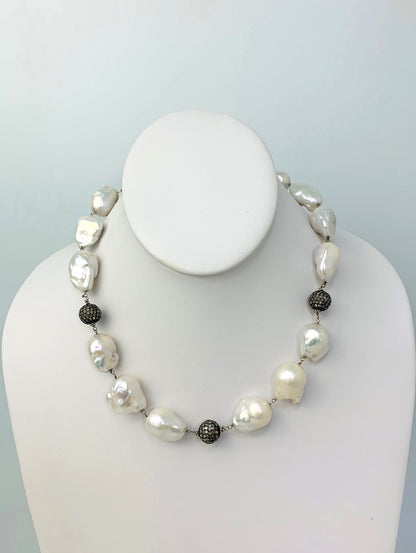 17.5" Freshwater Baroque Pearl And Blackened Silver Pave Diamond Bead Rosary Necklace in 14KW, SS - NCK-391-DCOROSDIAPRL14WSS-WH-17.5 4.32ctw