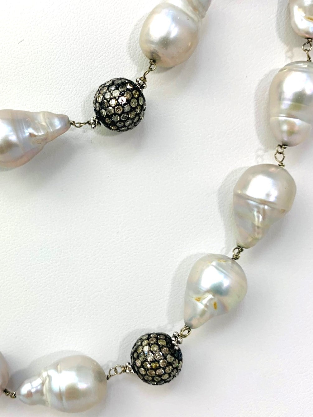 39" Freshwater Grey Baroque Pearl And Blackened Silver Pave Bead Rosary Necklace in 14KW, SS - NCK-392-DCOROSDIAPRL14WSS-GRY-39 7.2ctw
