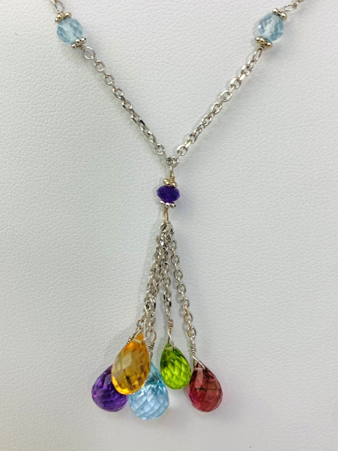 17"-18" Multicolored Station Necklace With Tassel Center in 14KW - NCK-401-TASSGM14W-MLTI-18