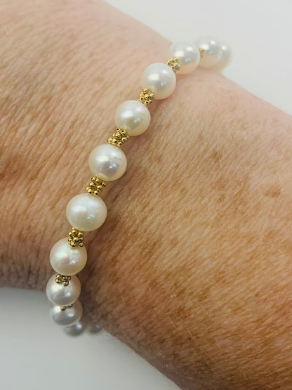 White Pearl and Rondelle Bracelet in 14KY - BRC-003-CRDPRL-14Y-WH