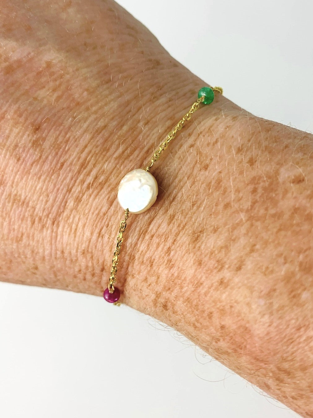 Ruby, Emerald, Blue Sapphire and Coin Pearl Station Bracelet in 14KY - BRC-008-TNCPRLGM-14Y-WHRES-7