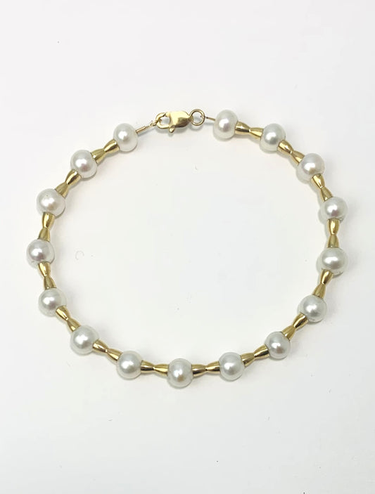 Clearance Sale! - 7" White Freshwater Cultured Pearl Bracelet With Yellow Gold Beads in 14KY - BRC-013-CRDPRL14Y-WH-7